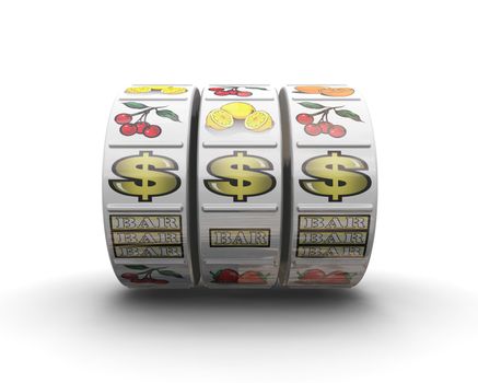 3D render of fruit machine reels showing jackpot winning line