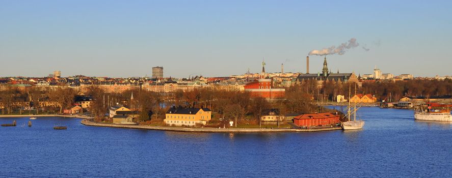 View over Stockholm with the small island of citadel in the foreground.