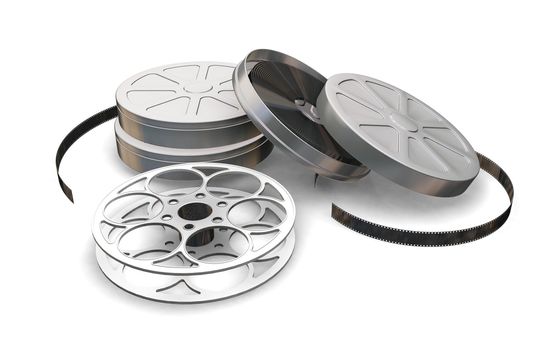 3D render of film reels and film cartons