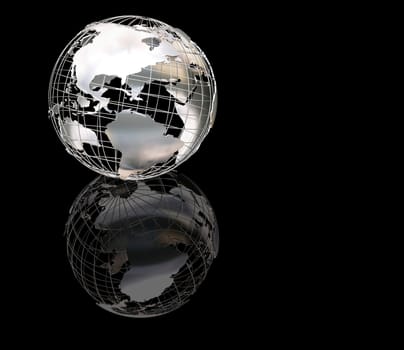 3D render of a wireframe metallic globe