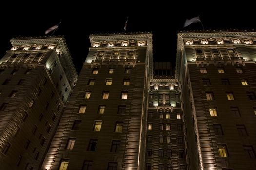Westin Saint Francis Hotel at Union Square in San Frncisco downtown with nighttime illumination, city, 
