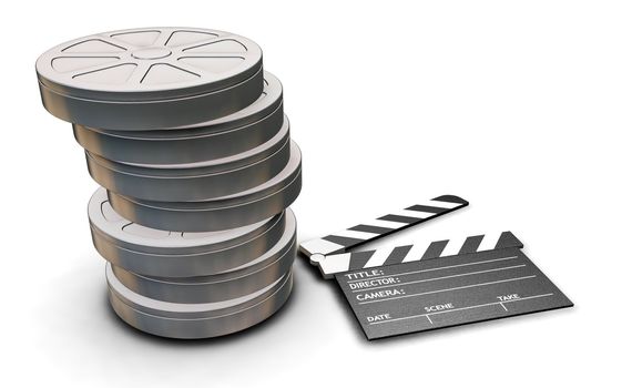 3D render of film reels and clapper board isolated on white background