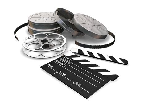 3D render of film reels, clapper board and film canisters on white background