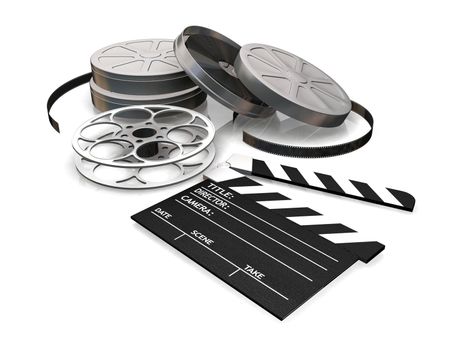 3D render of film reels and a clapper board on a white background