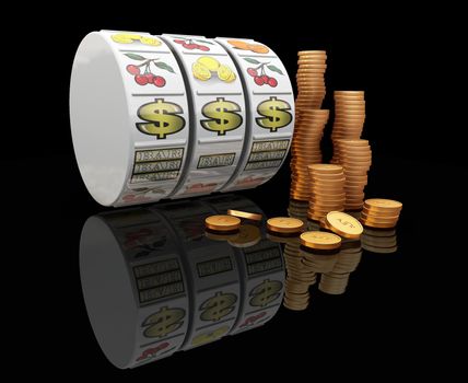 3D render of fruit machine reels with stack of gold coins