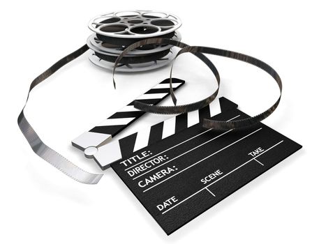 3D render of film reels and a clapper board isolated on white background