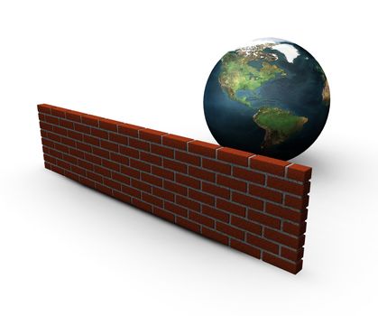 3D render of a globe behind a brick wall