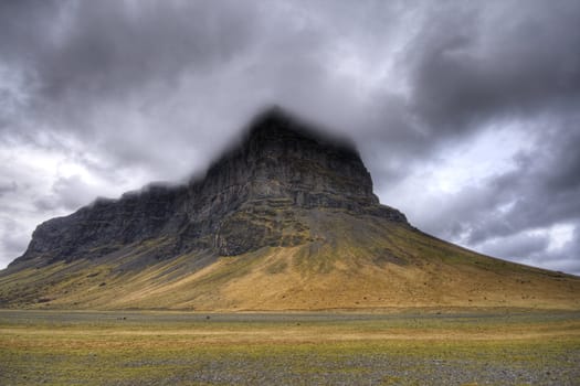 hill in a fog, iceland, wide angle