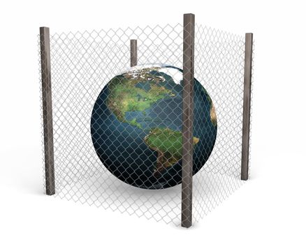 3D render of a globe behind a wire fence