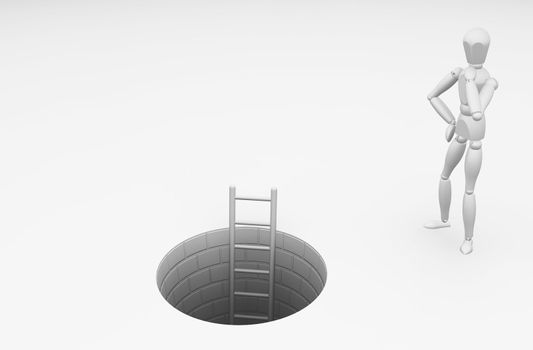 3D render of someone wondering whether to climb down the ladder