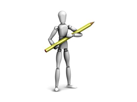 3d render of a man holding a pencil on white background
