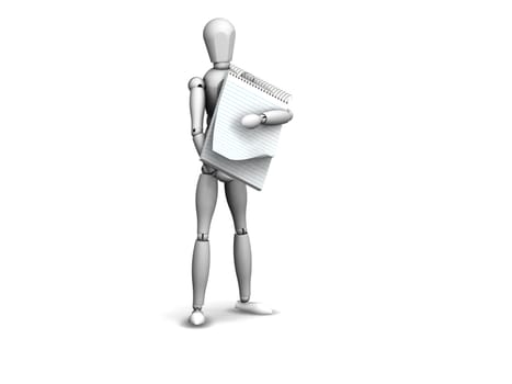 3d render of a man holding a notepad on white background