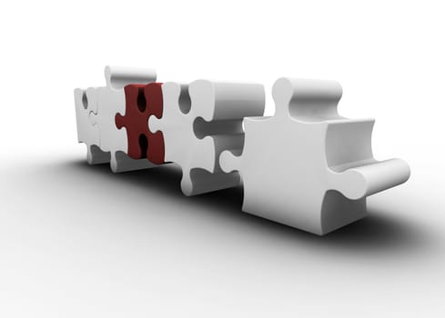 3D render of one red puzzle piece amongst white ones