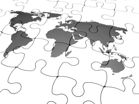 3D render of puzzle pieces with world map print