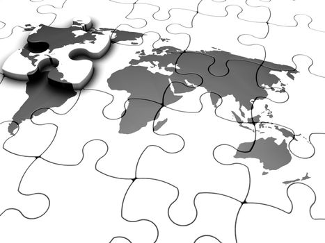 3D render of puzzle pieces with world map print