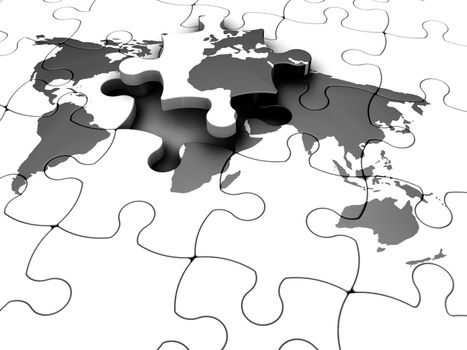 3D render of puzzle pieces with world map print