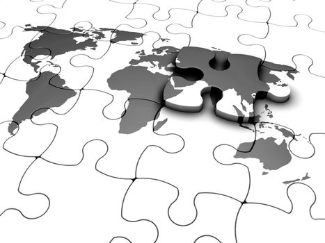 3D render of puzzle pieces with world map print