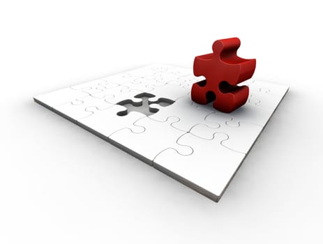 3D render of a puzzle with one red piece