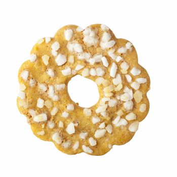 Round cookie with hole and bits of sugar, isolated on white background