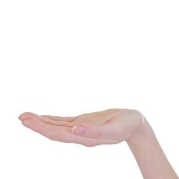 Close-up ofl woman's hand, palm up. Isolated over white background 