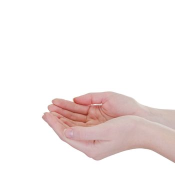 Empty woman's hand isolated on white, close-up profile angle shot - square