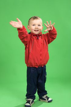 The boy of 3 years in full growth on a green background