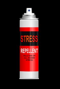 Illustration depicting a single aerosol spray can with the words 'stress repellent'. White background.