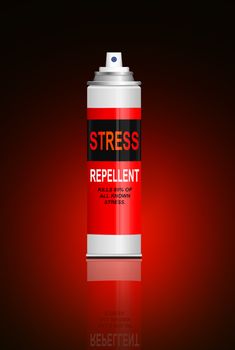 Illustration depicting a single aerosol spray can with the words 'stress repellent'. Red and black blur background.