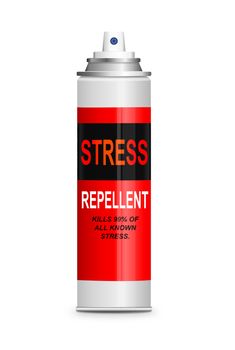 Illustration depicting a single aerosol spray can with the words 'stress repellent'. White background.