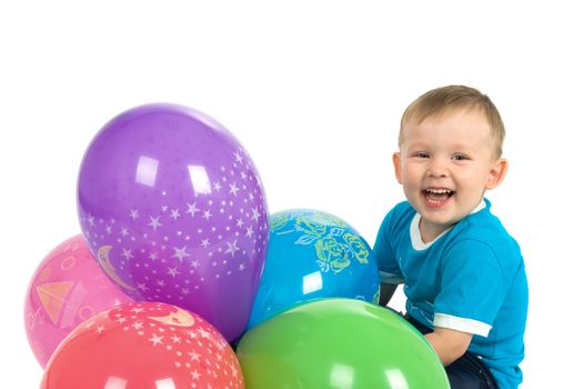 The laughing boy with balloons, it is isolated on a white background