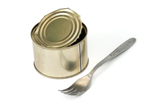 Canned food and fork it is isolated on a white background