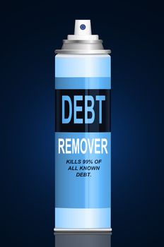 Illustration depicting a single aerosol spray can with the words 'debt remover'. Dark blue background.