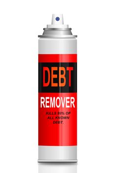 Illustration depicting a single aerosol spray can with the words 'debt remover'. White background.