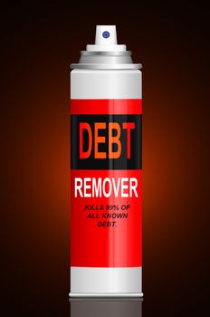 Illustration depicting a single aerosol spray can with the words 'debt remover'. Dark glow background.