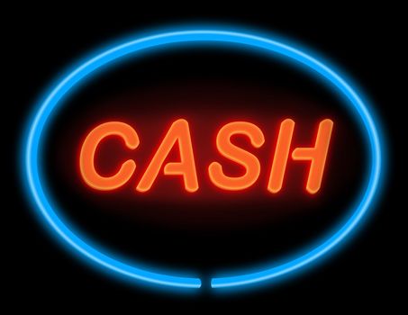 Illustration depicting an illuminated blue and red 'cash' sign with black background,