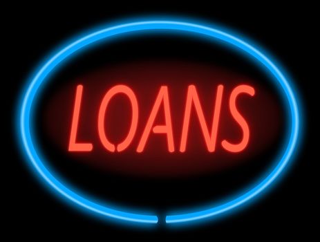 Illustration depicting an illuminated blue and red loans' sign with black background,