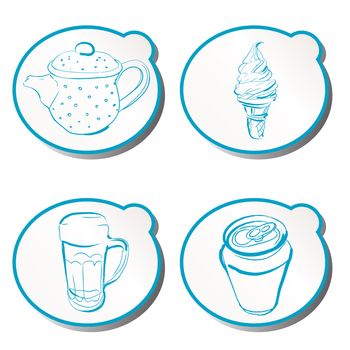 Stylish doodle icons set with beer, beer mug, tea, coffee ot and icecream over white background
