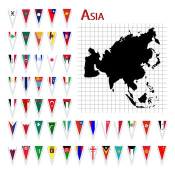 Complete set of Asia flags and map, isolated and grouped objects over white background