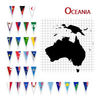 Complete set of Oceania flags and map, isolated and grouped objects over white background