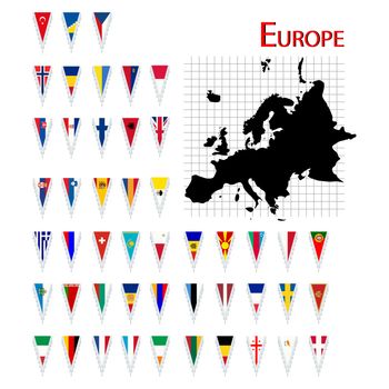 Complete set of Europe flags and map, isolated and grouped objects over white background