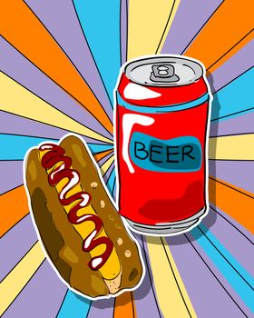 Pop art graphic background with hot dog and beer can, junk food conceptual graphic