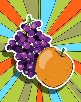 Pop art graphic background with fresh fruits, apple and grapes, healthy food conceptual graphic