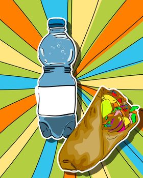 Pop art graphic background with shaorma and water bottle, conceptual  food graphic