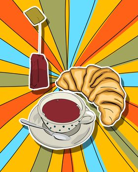Pop art graphic background with tea cup and croissant