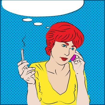 A pop art style portrait of a red-headed girl talking on the phone and smoking