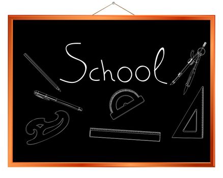 Chalk drawing of school supplies on a chalkborad