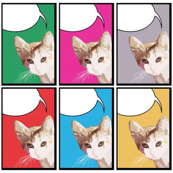 Pop art drawing of a cat with speech bubble in colors