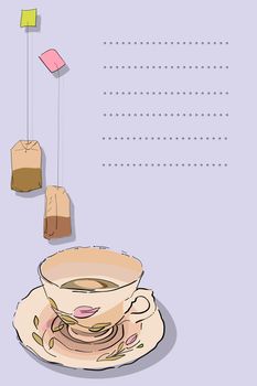 Tea card graphic with tea cup and bag and place for text, abstract art