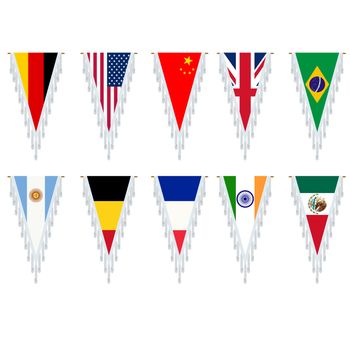 Stylized country flags, pennants over white background.