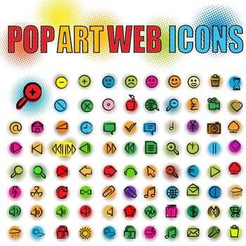 Web icons in pop art style, isolated and grouped objects over white background
